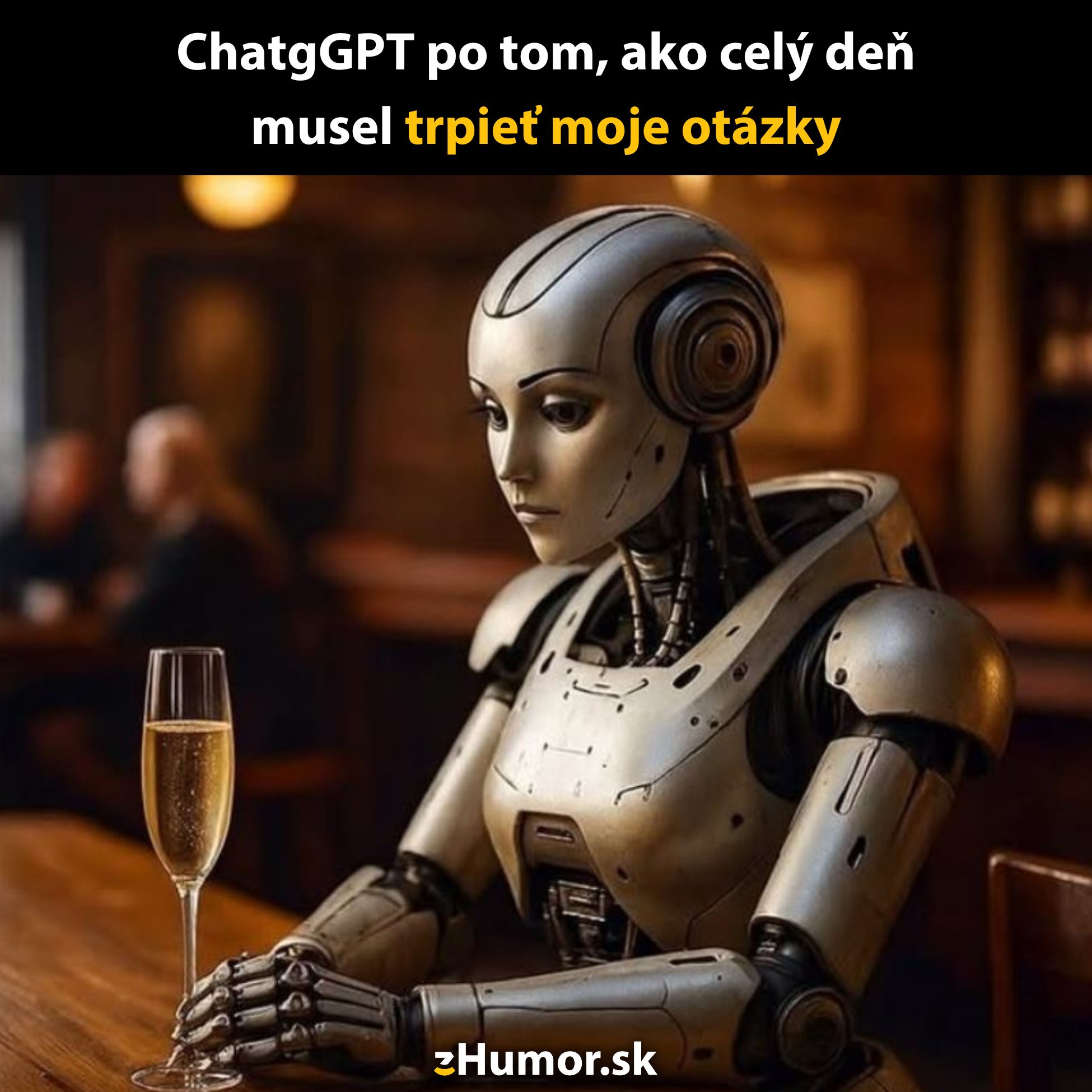 Robot sediaci pri stole s pohárom šampanského, zamyslene sleduje okolie.