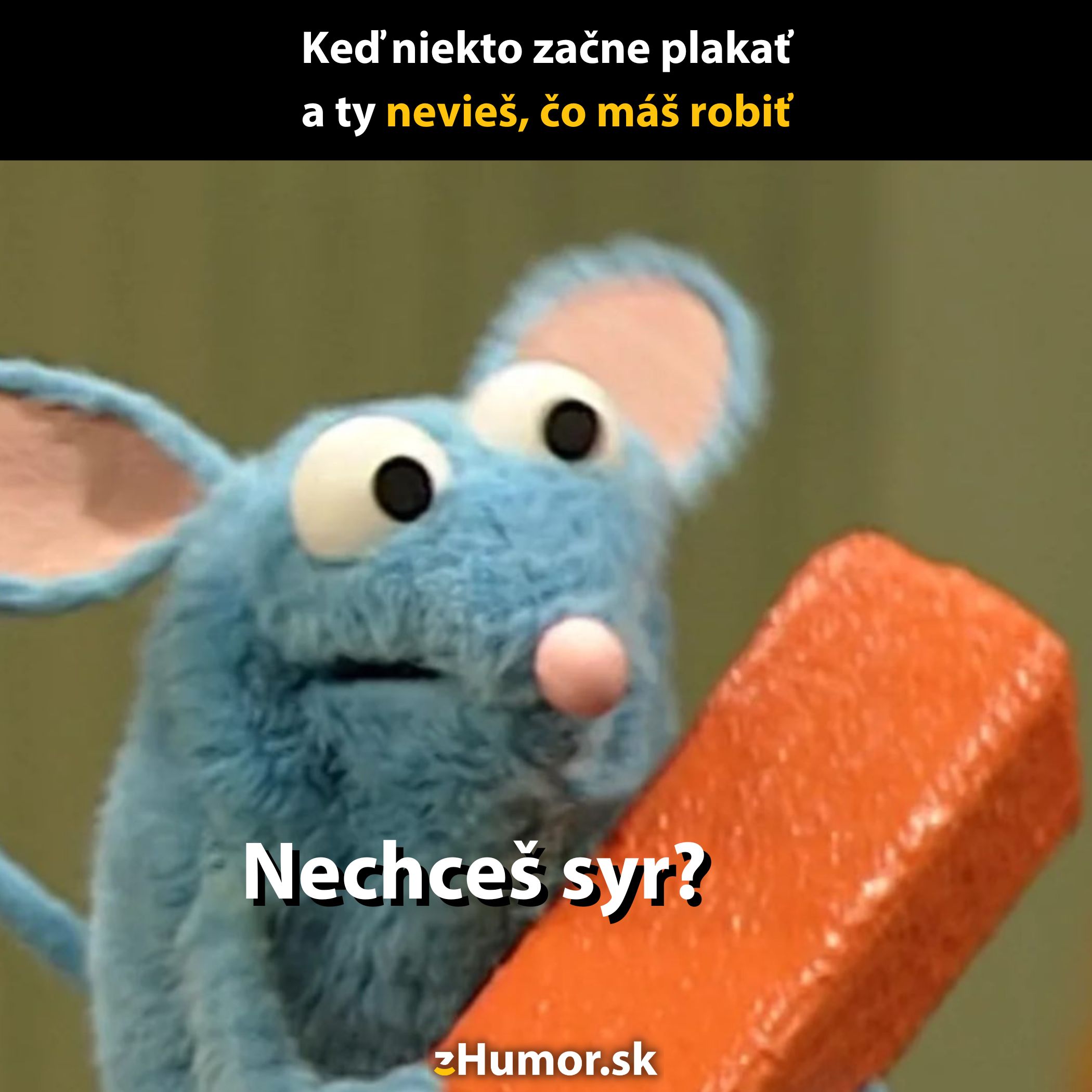 Modrá myš s tehličkou syra ponúka sýry ako riešenie na nečakané emocionálne situácie.