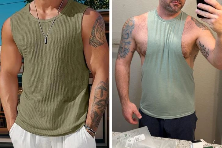 Dva muži v tielkach predvádzajú rôzne strihy a dizajny oblečenia, zamerané na tetovania a osobný štýl.