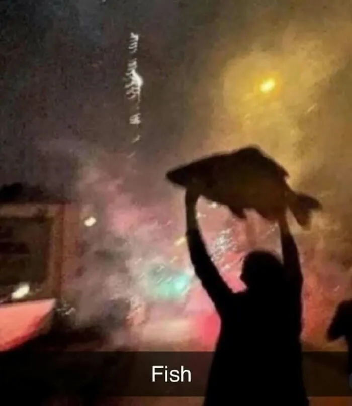 Osoba držiaca veľkú rybu nad hlavou počas nočnej oslavy s ohňostrojom.