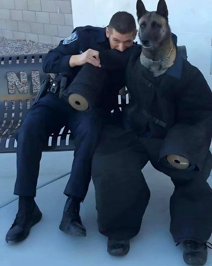 Pes a policajt sediaci spolu v ochranných oblekoch na lavičke pred budovou.