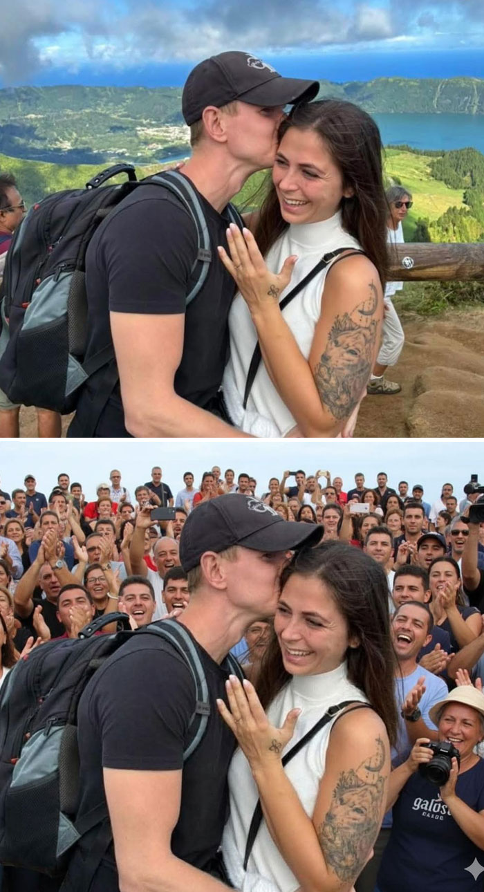 Párik sa objíma a usmieva na vrchole kopca s krásnym výhľadom, obklopený davom ľudí.