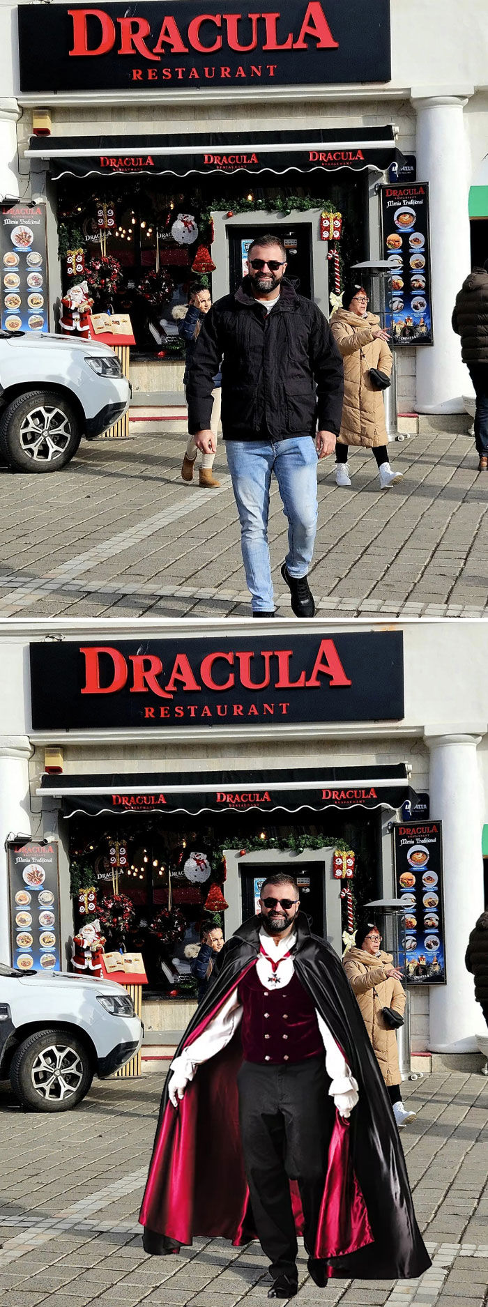 Muž pred reštauráciou Dracula, transformácia na upíra s plášťom.
