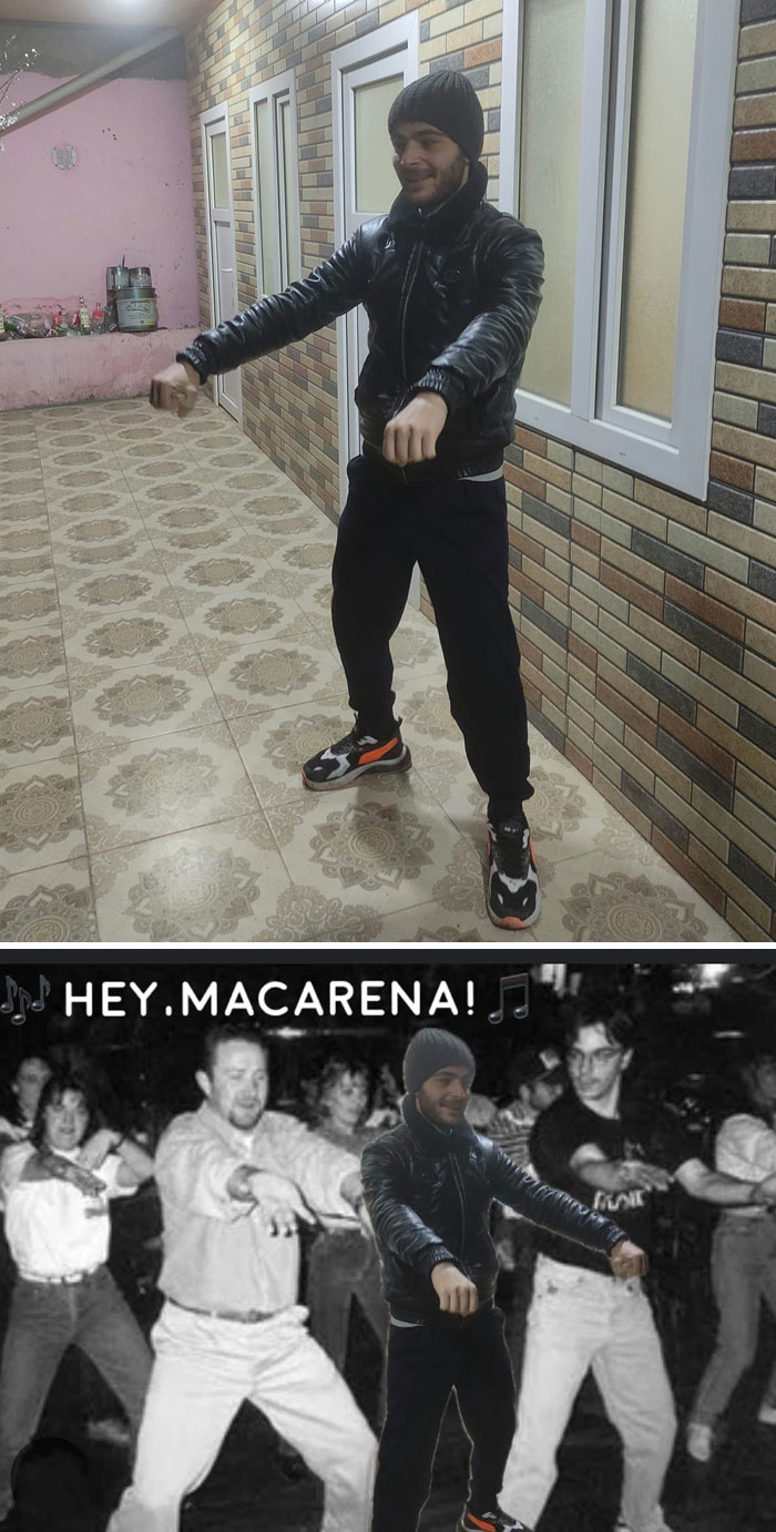 Muž tancuje Macarenu vo vnútornom priestore, vtipne upravený do tanečnej scény na diskotéke.