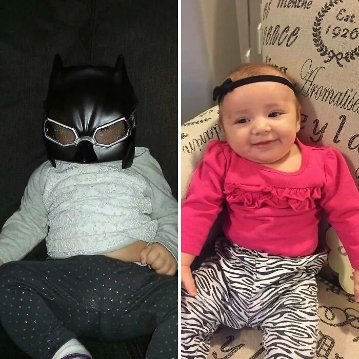 Dieťa v maske superhrdinu vedľa usmievajúceho sa dievčatka v ružovej blúzke, sediace na kresle.