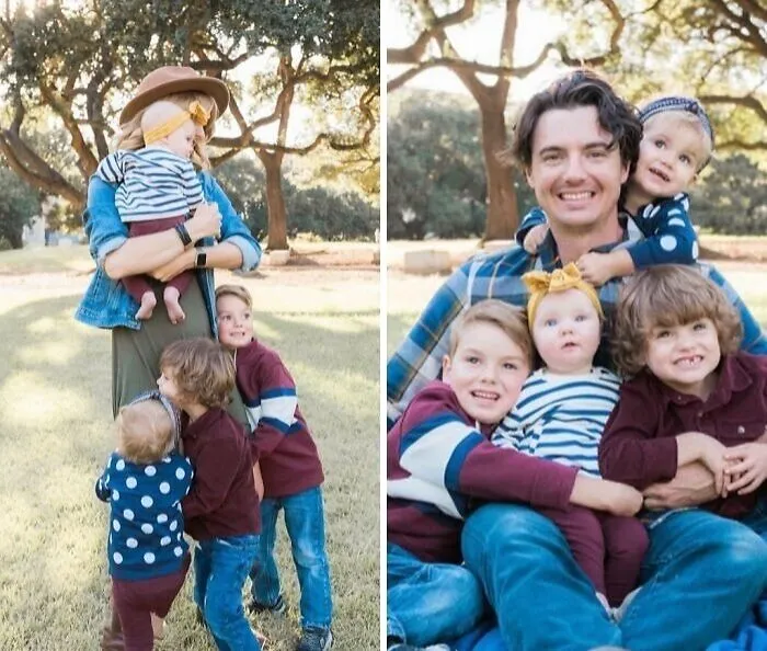 Rodinný moment na záhrade: rodičia s deťmi v prírode, úsmevy a objatia pod stromami.