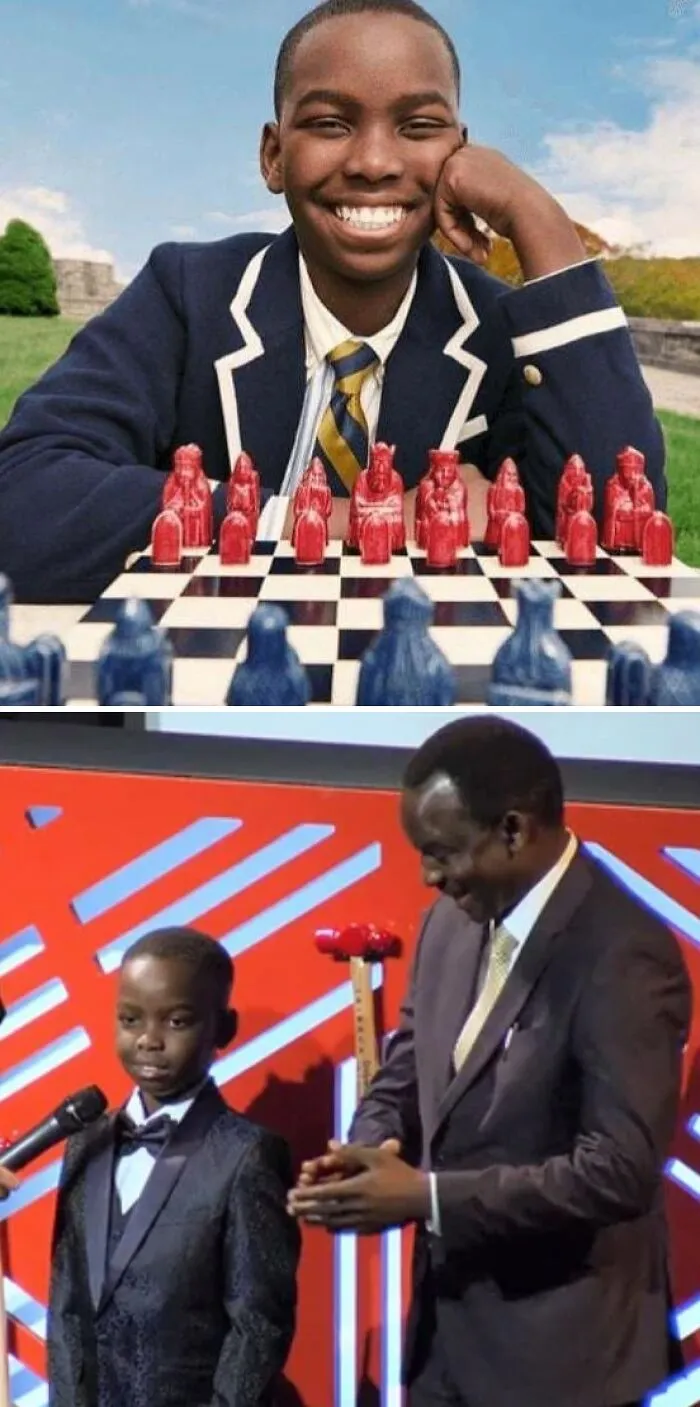 Mladý šachista v uniforme pri šachovnici; slávnostné ocenenie na pódiu.