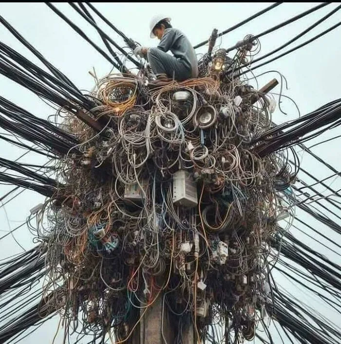 Opravár pracuje na chaotickom klbku káblov na stĺpe; komplexná infraštruktúra elektrického vedenia.