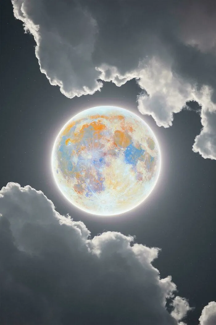 Farebný mesiac obklopený svetlými oblakmi na nočnej oblohe.