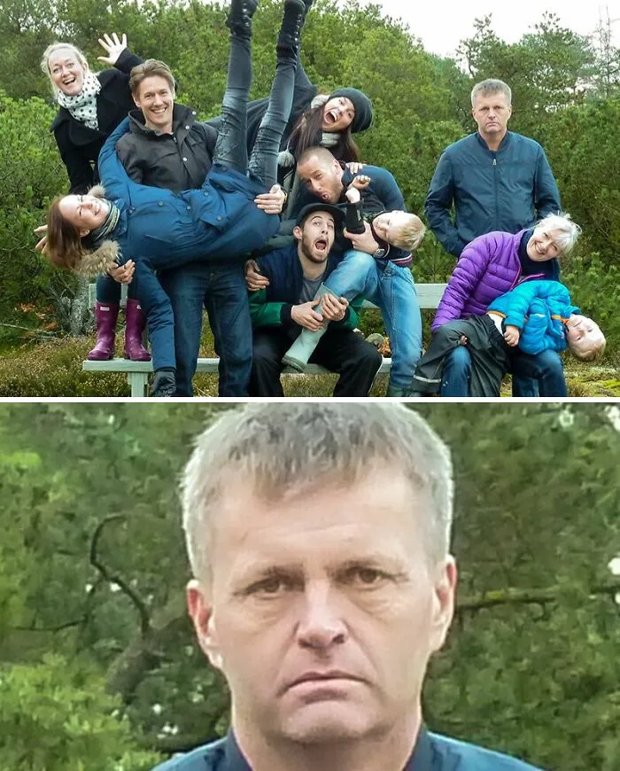 Skupinka ľudí pozujúca na lavičke v lese s vážnym pánom v popredí, kontrastné emócie.