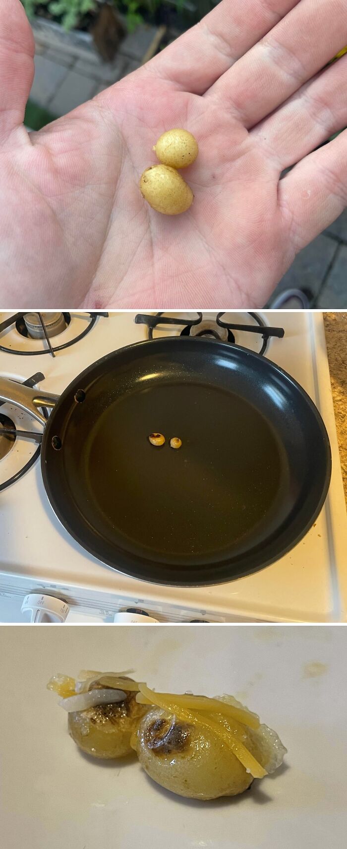 Mini zemiaky na dlani, opražené a podávané s cibuľou a syrom na bielej miske.