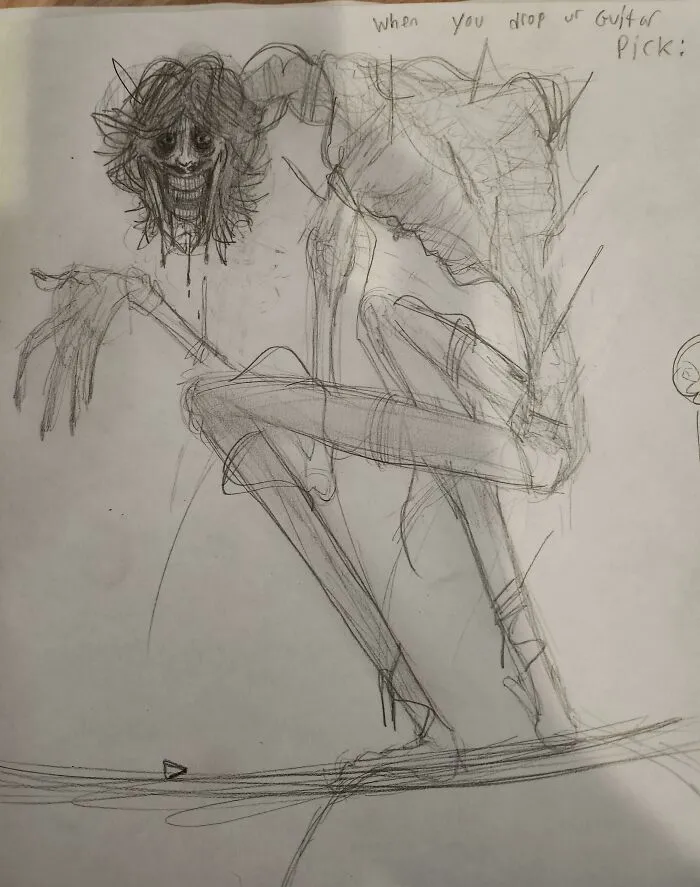 Strašidelná kresba kostlivca s úsmevom v podrepe, držiaceho gitarové brnko na zemi.