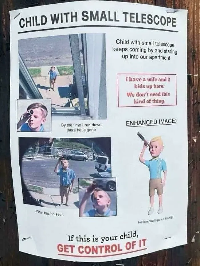 Leták na stĺpe upozorňuje na dieťa s ďalekohľadom, ktoré špehuje byt. Starostlivý text apeluje na rodičov.