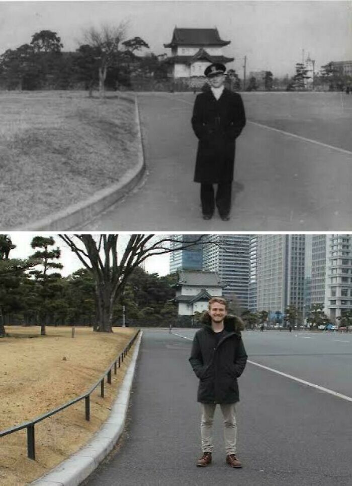 Dva zábery na tom istom mieste v iných časových obdobiach, osoba stojí pred tradičnou japonskou architektúrou.