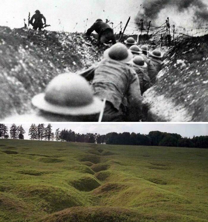 Historická bitka v zákope počas vojny a súčasná krajina s pozostatkami zákopov v trávnatej krajine.