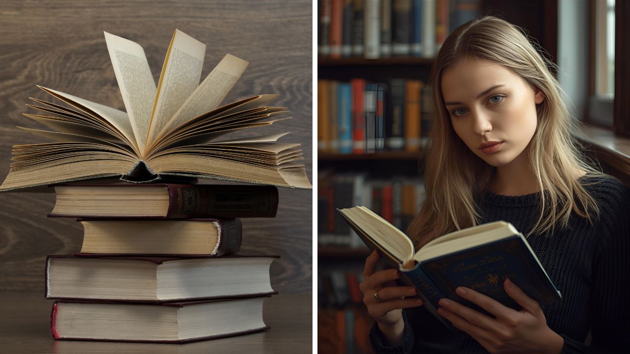 Žena čítajúca knihu v knižnici s otvorenou knihou položenou na stohu ďalších.