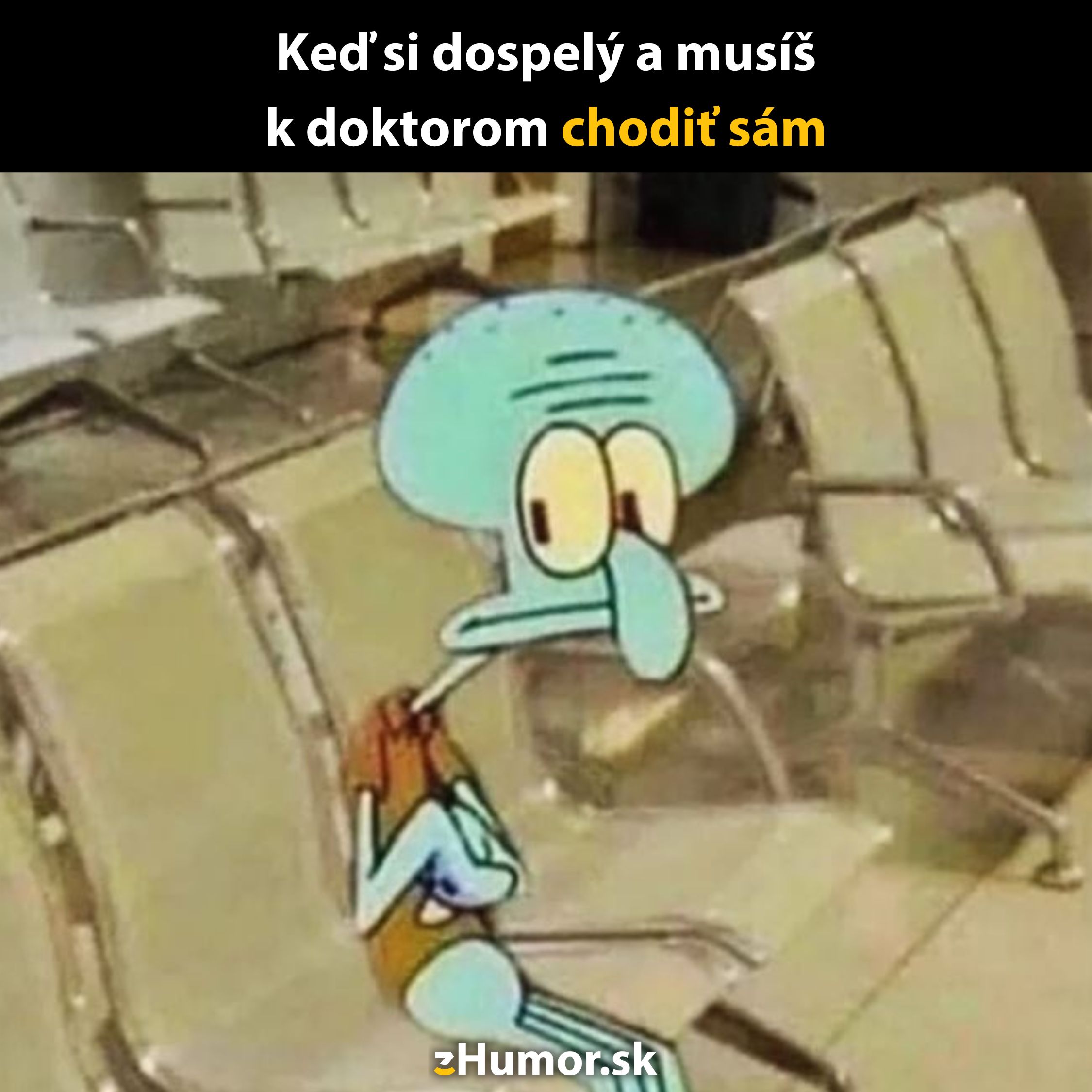 Kreslená postavička sedí vystrašene na prázdnych stoličkách v čakárni. Text: Keď si dospelý a musíš k doktorom chodiť sám.