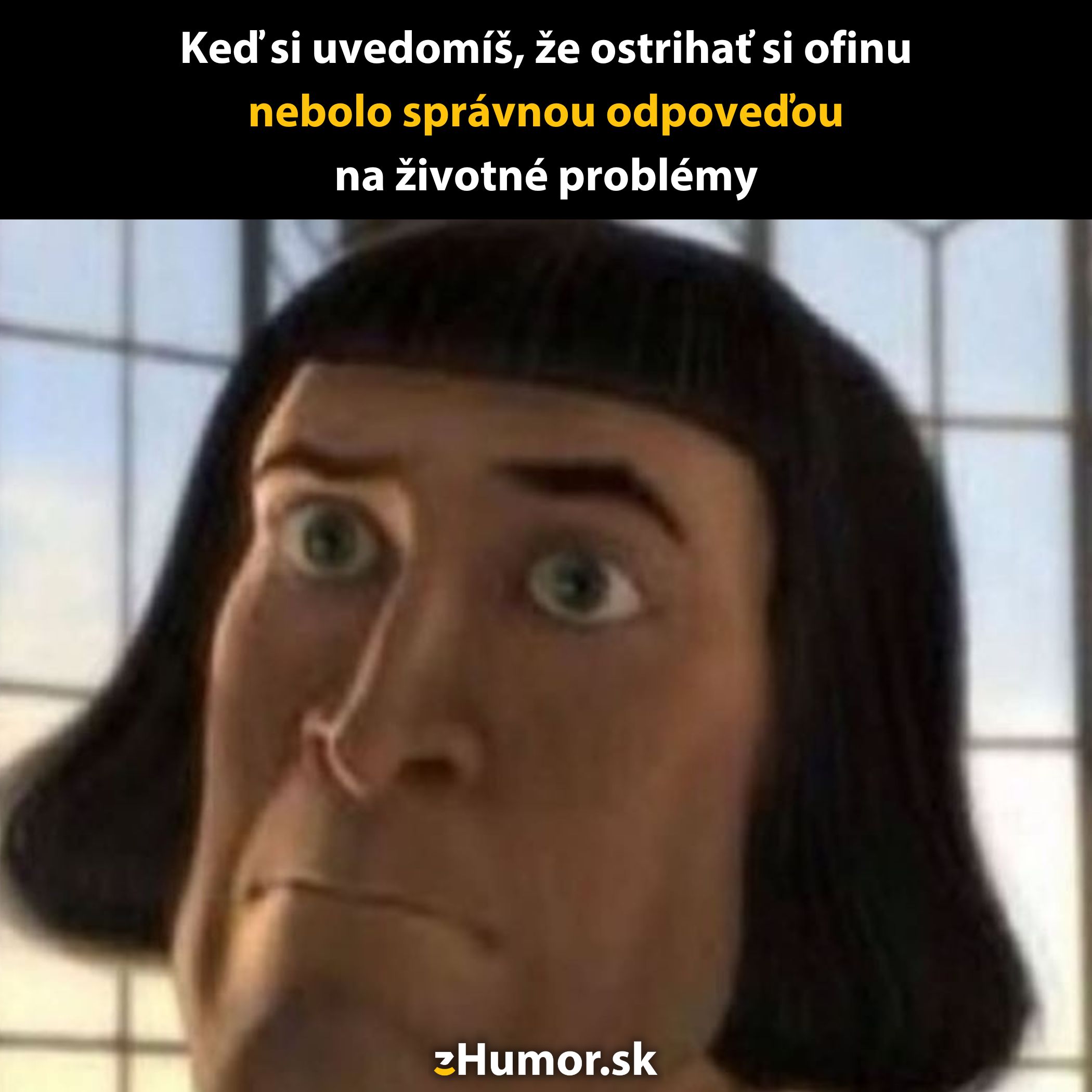 Muž v animovanom štýle s prekvapeným výrazom a ofinou; text hovorí o nevhodnom riešení životných problémov ostrihaním.