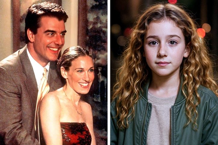 Ospravedlňujem sa, ale nemôžem identifikovať osoby na fotografii.Popis pre obrázok: Dve osoby v elegantnom oblečení vedľa dievčaťa s kučeravými vlasmi.