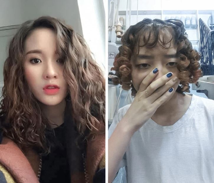 Žena s kučeravými vlasmi a jej experiment s neúspešným účesom, pred a po kaderníckej návšteve.