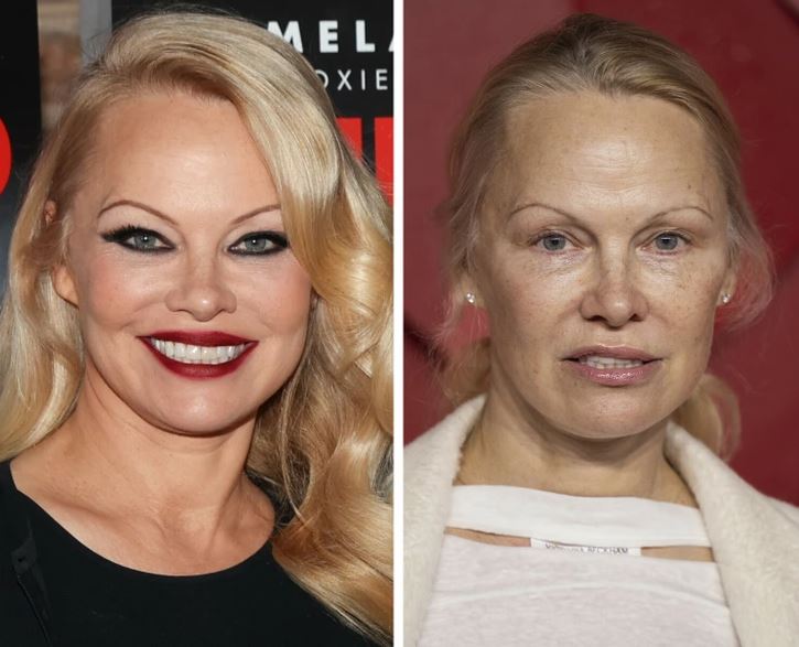 Dve porovnávacie fotografie ženy, zachytávajúce jej vzhľad s líčením a bez líčenia.