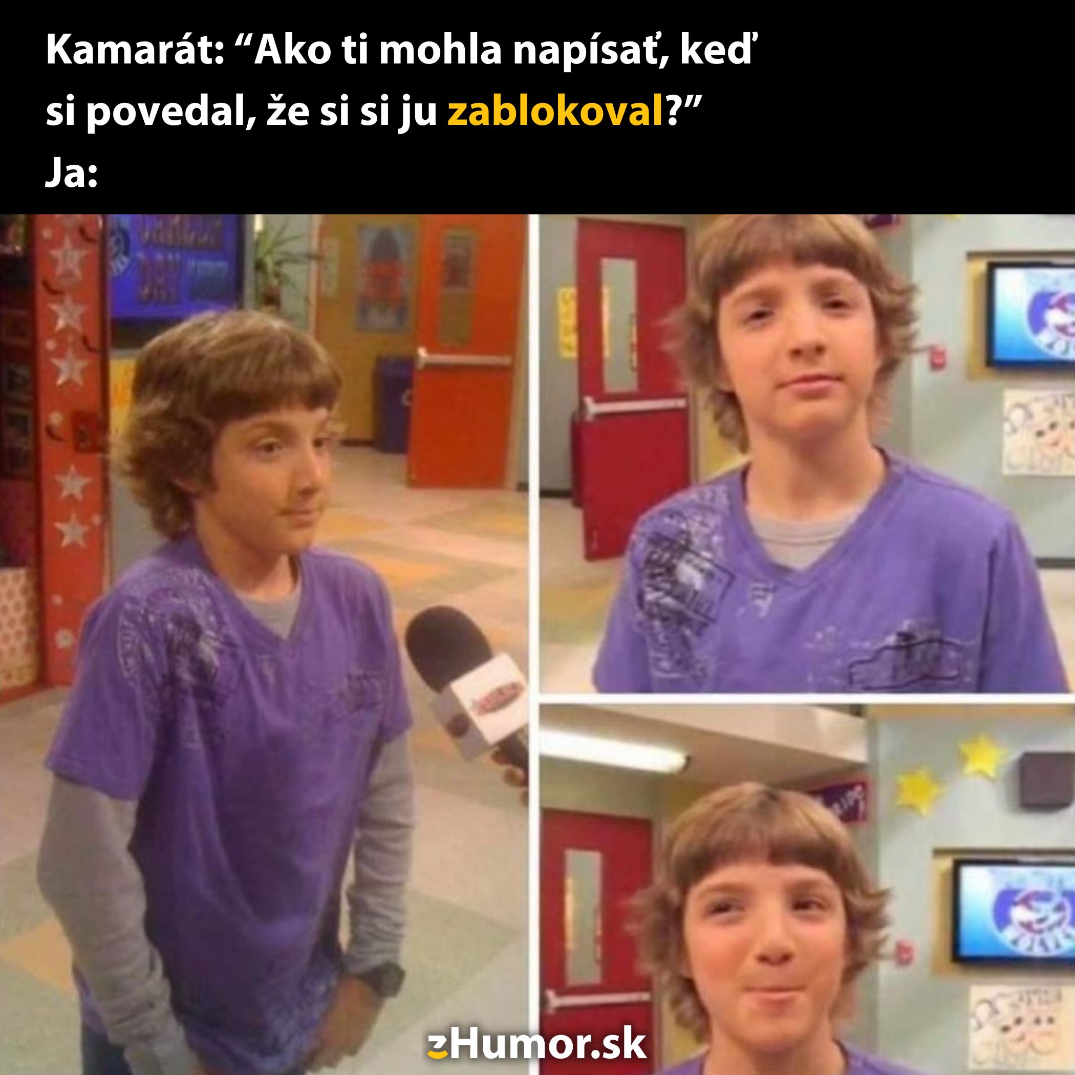 Chlapec vtipne reaguje na otázku o blokovaní vtipom v interiéri školy.