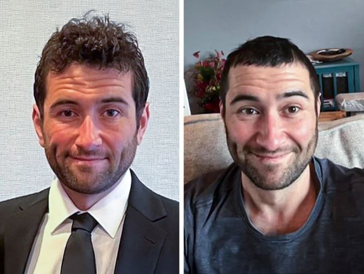 Osoba v obleku naľavo a v tričku napravo s úsmevom, rôzne oblečenie a výzor.