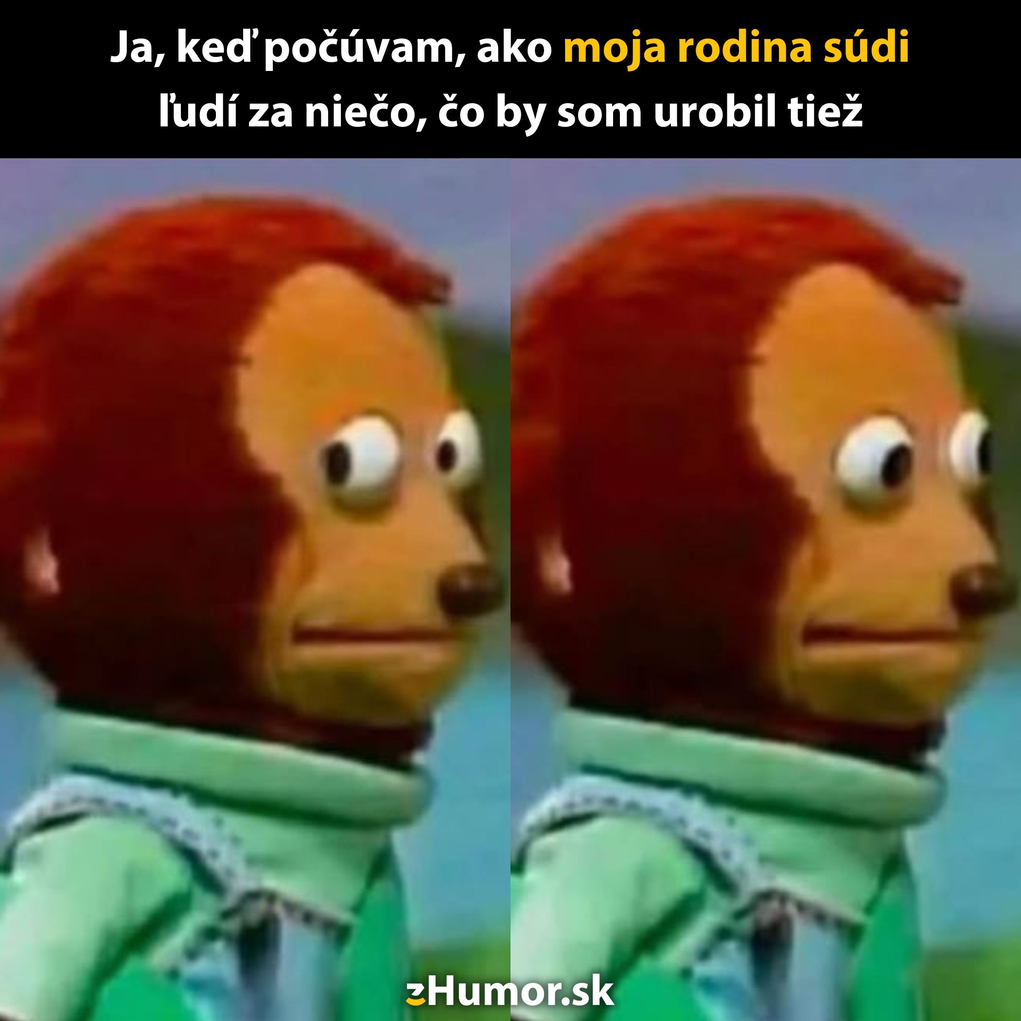 Dva záberu opice s nervóznym pohľadom, ilustrujúce moment zahanbenia.