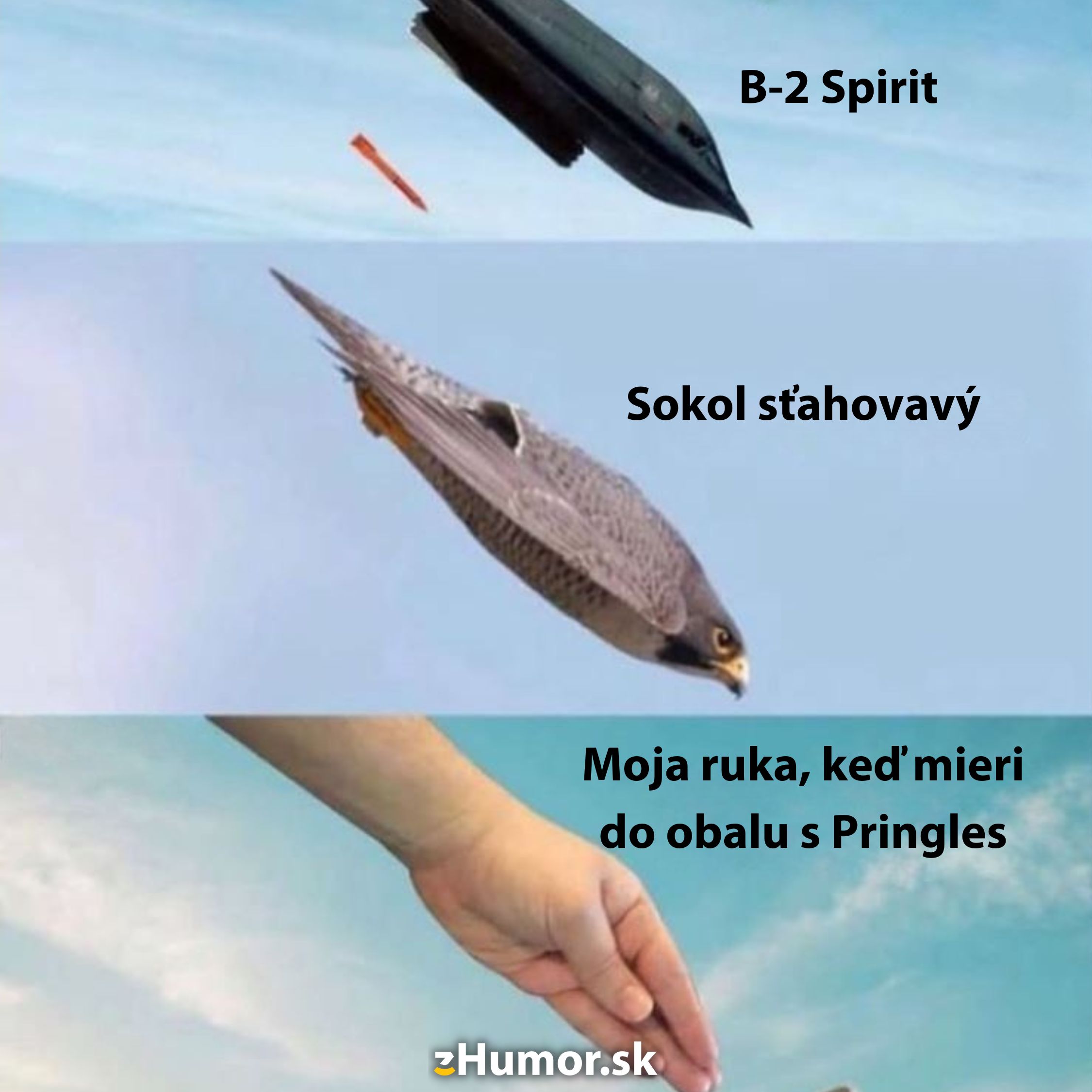 Koláž s B-2 Spirit, sokolom a rukou smerujúcou k Pringles, znázorňujúca rýchlosť a presnosť.