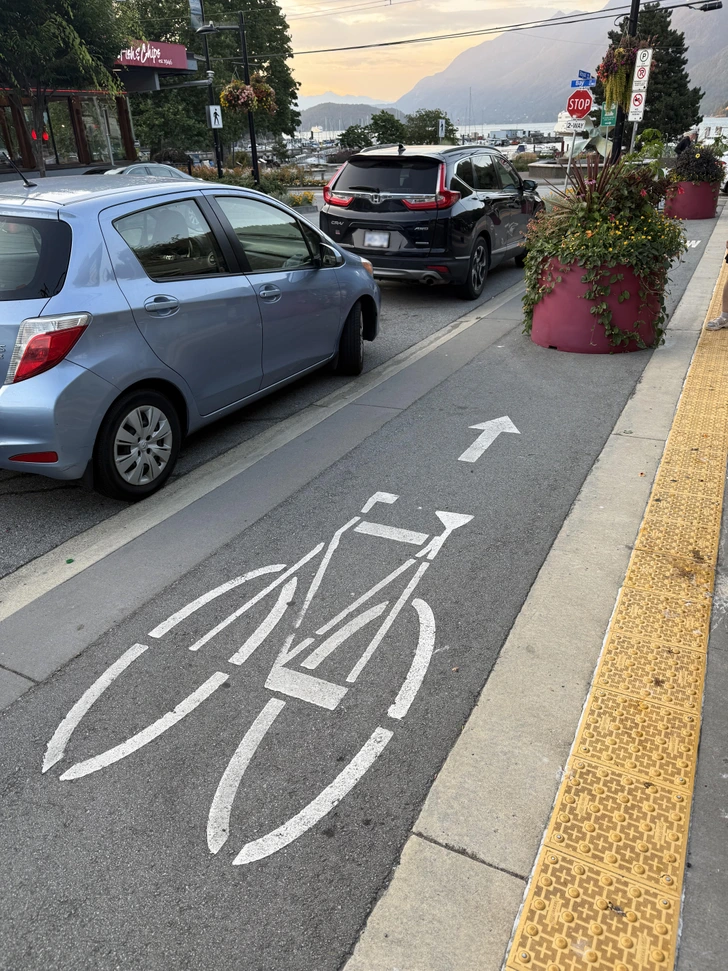 Cyklistický pruh s ikonou bicykla vedľa zaparkovaných áut na ulici, okolité rastliny a hory v pozadí.