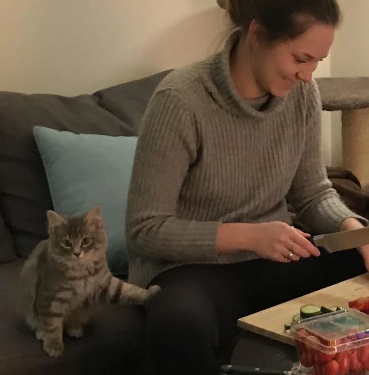 Žena krájajúca zeleninu v kuchyni so sivou mačkou sediacou na gauči vedľa nej.