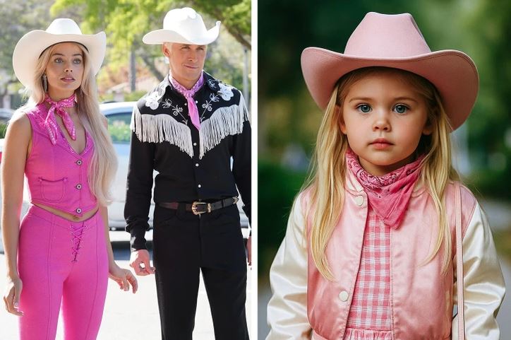 Dospelý pár a dievča v kovbojských klobúkoch, oblečení v ružovej a čiernej farbe, stoja vonku na slnečnom dni.