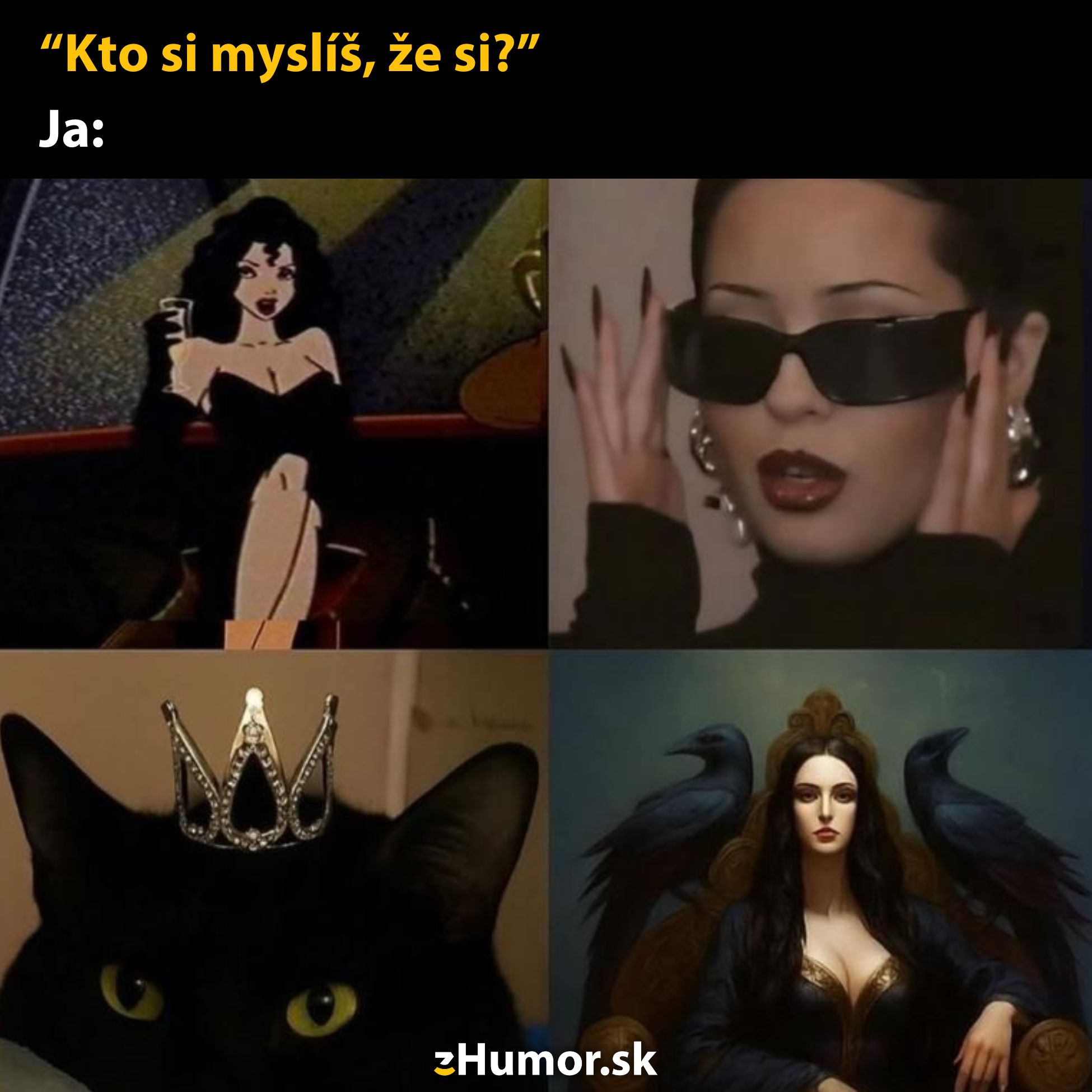 Štyri obrázky vyjadrujúce sebavedomie: žena v šatách, žena v okuliaroch, mačka s korunou, žena s krkavcami.