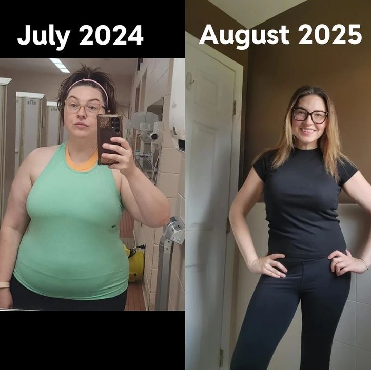 Porovnanie premeny ženy z júla 2024 na august 2025: výrazná zmena postavy a vzhľadu, úspešná transformácia.