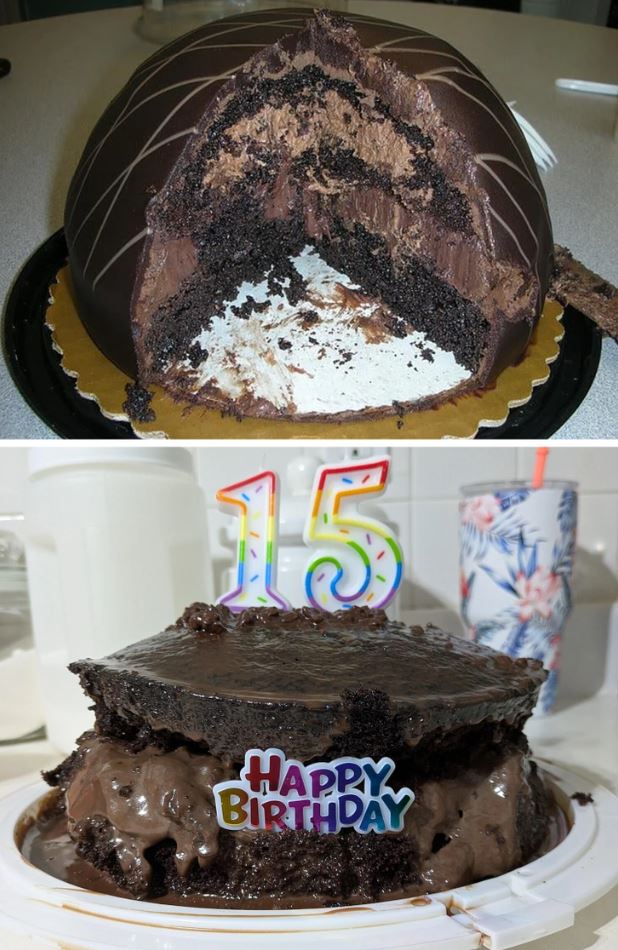 Porovnanie dvoch narodeninových tort - elegantná čokoládová torta a prepadnutá torta s nápisom Happy Birthday.