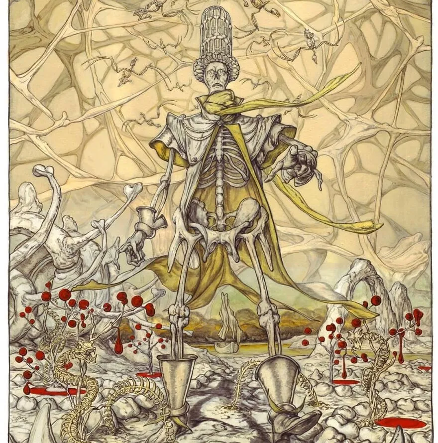 Futuristická kostra s kráľovskou korunou a plášťom, obklopená surreálnym prostredím plným zvláštnych tvarov a bytostí.