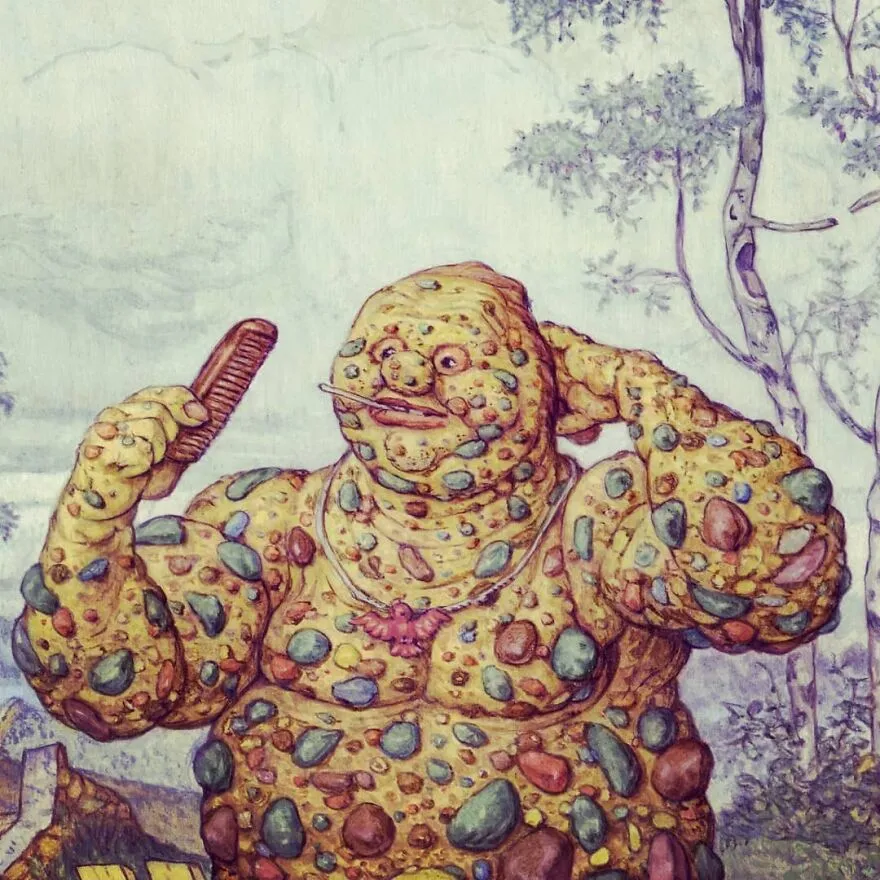 Kreatívna ilustrácia stvorenia z kameňov, upravujúceho si vlasy hrebienkom v prírodnom prostredí.