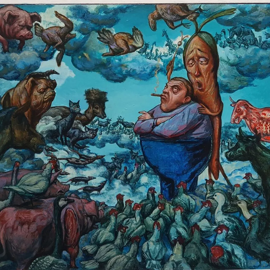 Surrealistická scéna s mužom, zvieratami a fantastickými tvormi v oblakoch, výrazné farby a dynamická kompozícia.