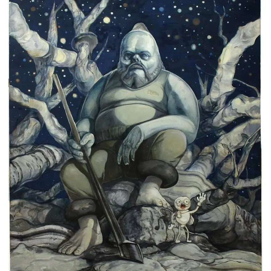 Obrázok fantastickej postavy s kopijou sediaci na starom strome pod nočnou oblohou plnou hviezd, vedľa menšej postavičky.