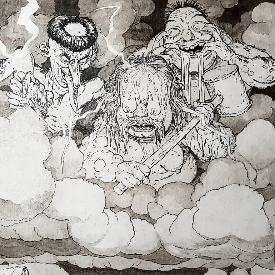 Kresba troch netvorov v oblakoch s hromovým kladivom, bleskami a grotesknými detailmi.