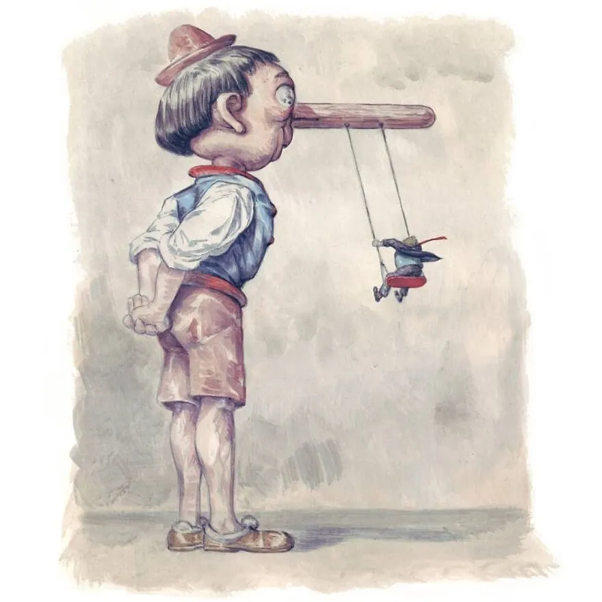 Ilustrácia mužíka s dlžím nosom, na ktorom sedí malá figúrka na hojdačke, karikatúra klamstiev.