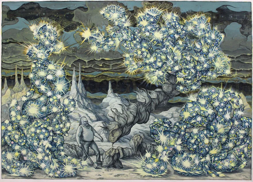 Fantastická krajina s mužom medzi stromami osvetlenými žiariacimi hviezdami, tajomný nočný lesný svet.