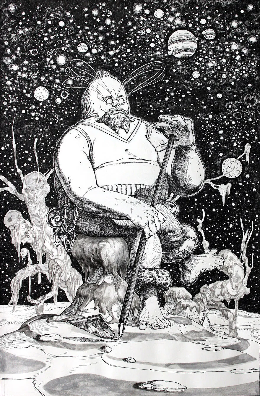 Fantastický kreslený obraz vesmírneho bojovníka s holiacim strojčekom v ruke, sediaceho na mimozemskom povrchu medzi planétami.