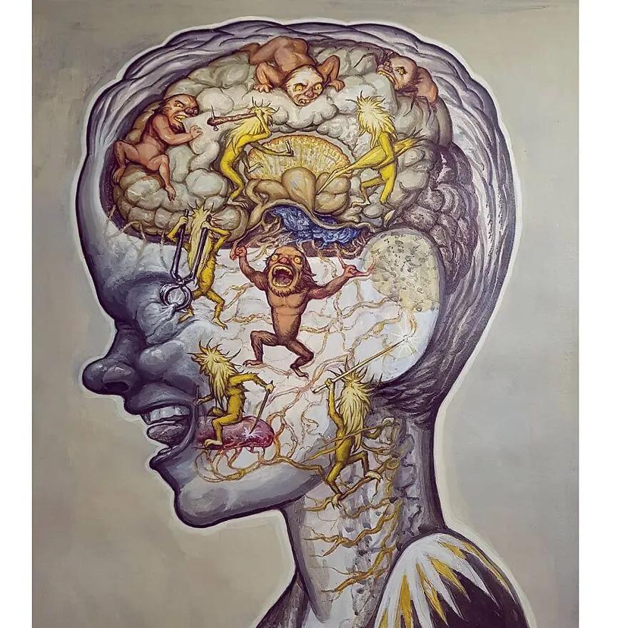 Maľba zobrazujúca personifikáciu emócií a boj v ľudskom mozgu, predstavuje vnútorný chaos a konflikty.
