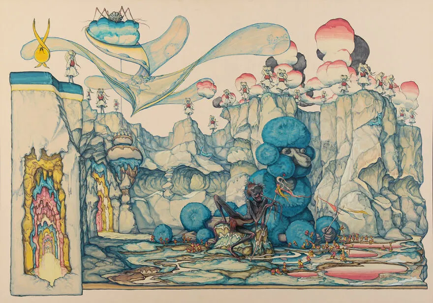 Surrealistická krajina s fantastickými tvormi, obrovským modrým zvieraťom a postavami pri skalách.