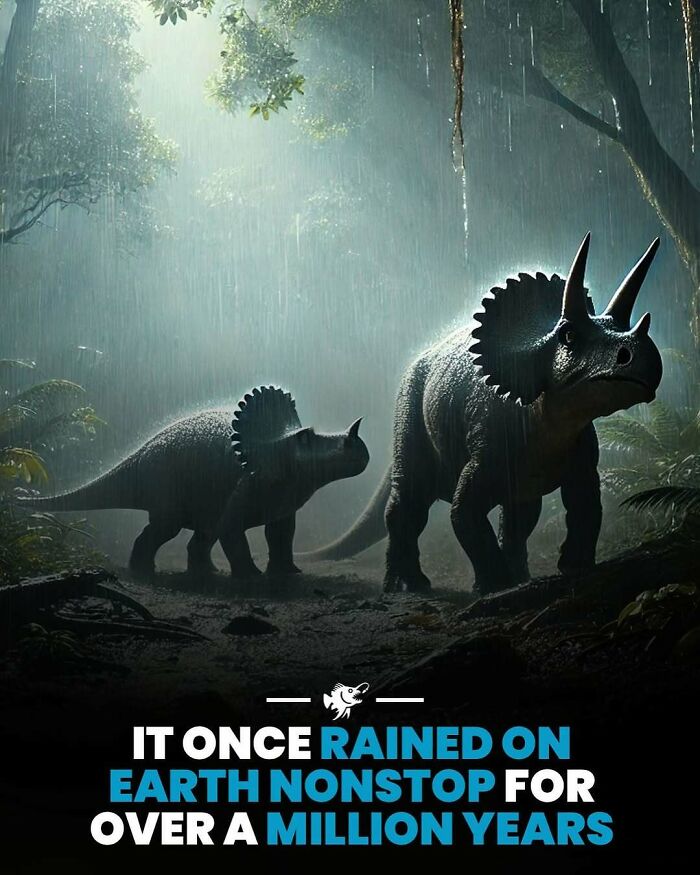 Dva dinosaury putujú dažďovým pralesom, svetlo preniká korunou stromov, zvýrazňujúc ich siluety.