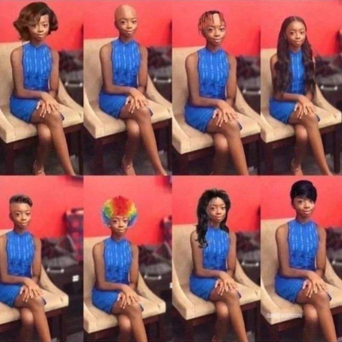 Žena v modrých šatách pózuje s ôsmimi rôznymi účesmi na červenom pozadí, rôzne štýly od vyholených po farebné parochne.