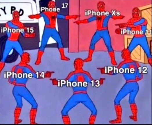 Karikatúra Spidermana, kde sa iPhony navzájom obviňujú, zobrazuje zmätok medzi modelmi a označuje technologické novinky.