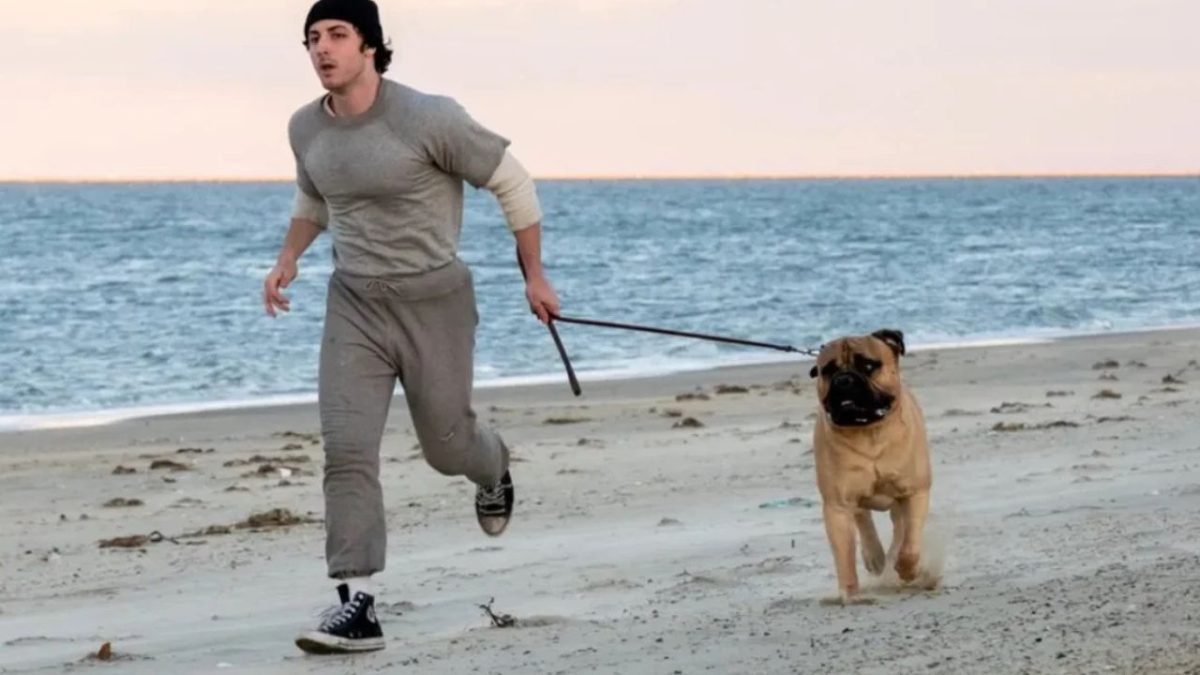 Muž v sivej teplákovej súprave beží po pláži so psom na vodítku, more v pozadí.