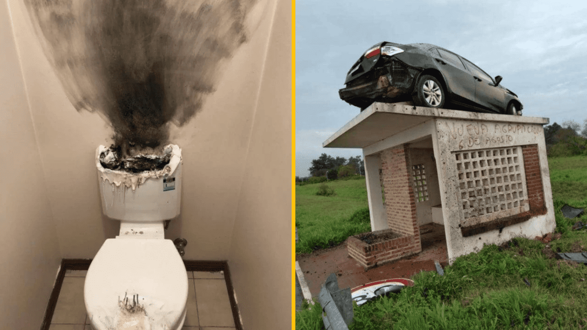 Záchod s ohoreným stropom a auto na streche autobusovej zastávky v prírode.